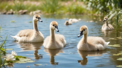 Obraz premium Three cygnets swim in a shallow, greenish pond surrounded by tall grasses.