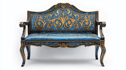 A vividly painted antique bench with intricate blue and gold carvings, highlighting ornate patterns and sleek edges, set against a pure white background with bold contrast. The colors are rich and vib