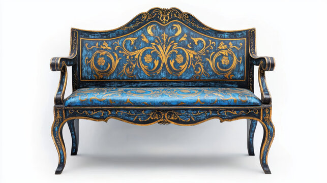 A vividly painted antique bench with intricate blue and gold carvings, highlighting ornate patterns and sleek edges, set against a pure white background with bold contrast. The colors are rich and vib