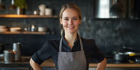 Portrait of a female chef standing confidently in a professional kitchen