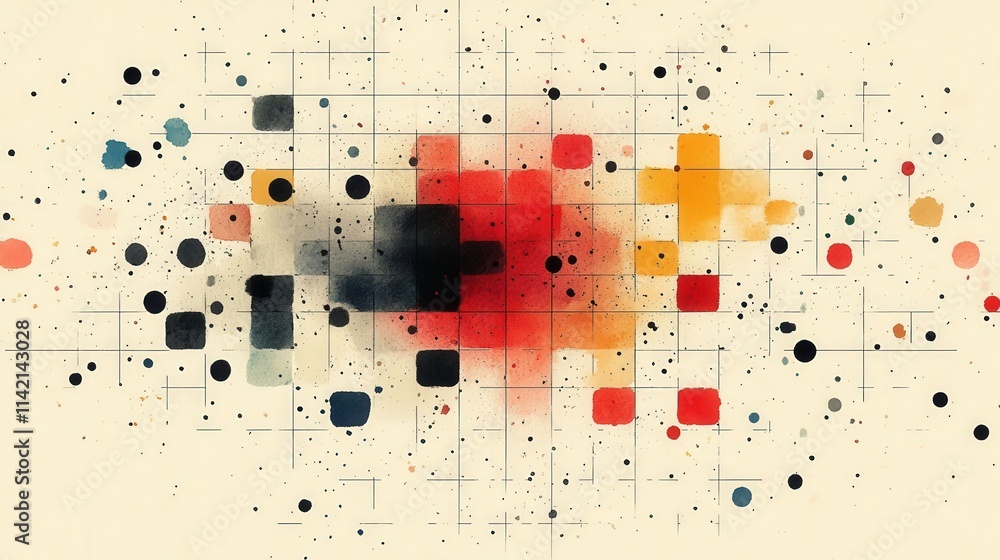 Poster abstract composition with colorful squares and dots on soft background, geometric shapes with artist