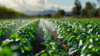 Automated sprinkler irrigation system watering rows of potato plants in a cultivated agricultural field at sunset, ensuring healthy growth and maximizing crop yield