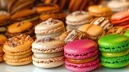 Obraz premium A vibrant display of colorful macarons, showcasing a variety of flavors and textures, perfect for dessert lovers and pastry enthusiasts.
