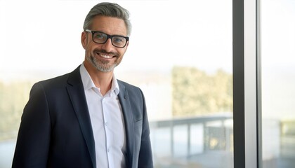 Fototapeta premium Middle aged professional business man with glasses wearing white shirt and suit happily smiling standing in office near glass window 