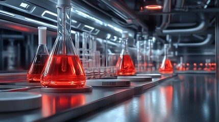 Red liquid in laboratory glassware setup.