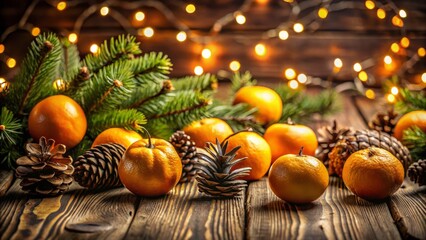 Festive Christmas Background: Oranges, Pine Cones, Wide Angle Holiday Scene