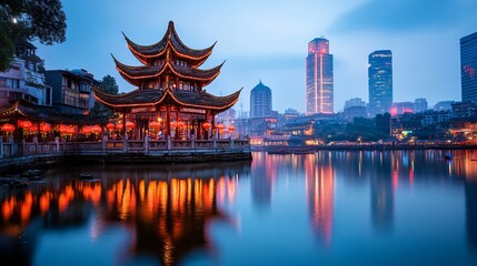 Obraz premium Traditional Chinese pagoda by serene lake at dusk. Asian architecture with city skyline at night. Cultural heritage for travel, tourism, and Lunar New Year celebration
