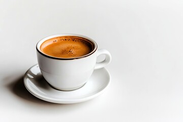 Obraz premium A simple white coffee cup filled with rich brown coffee, placed on a saucer against a clean, minimalist background.