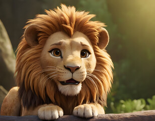 portrait of a cute hairy lion in the forest cartoon style 3d illustration