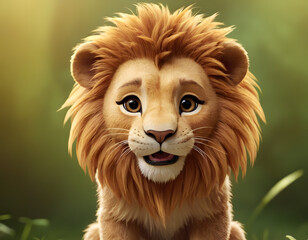 portrait of a cute hairy lion in the forest cartoon style 3d illustration