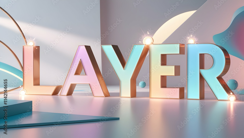 Aufkleber pastel 3d render of the word layer with glowing lights and geometric shapes.