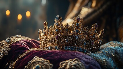 Ornate Golden Crown Rests on Rich Velvet Cushion