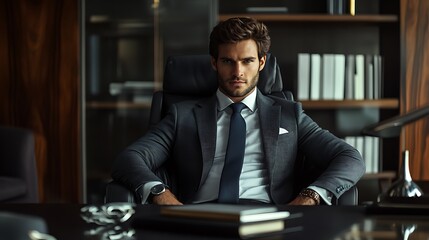 Male model in a suit sitting at a stylish desk in a modern office, professional look