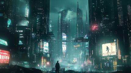 Obraz premium Futuristic cityscape at night, lone figure.