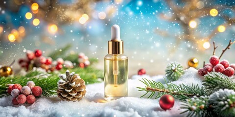 Festive Snowy Serum Bottle: Winter Skincare & Haircare Product Photography