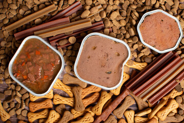 Various dry food and canned food for dogs