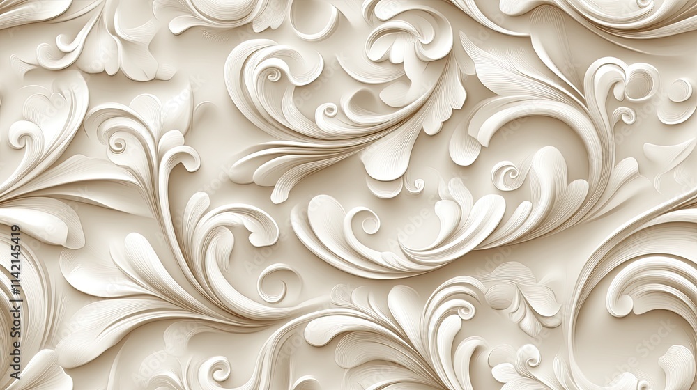 Poster seamless pattern features intricate damask motifs in pale cream color, radiating sophistication and 