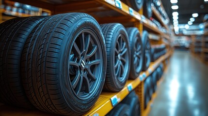 Obraz premium in an auto parts store four car tires are neatly stacked with product shelves visible in the backgroun