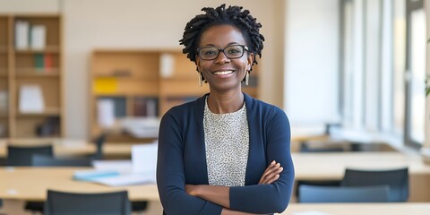 Portrait of a curriculum developer standing in an educational office, smiling, portrait shot, standing,