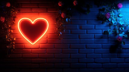 Neon heart sign with roses on brick wall.