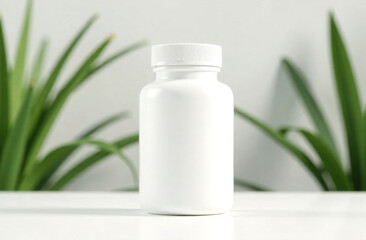 Empty white plastic jar with space for text on a background of plants.