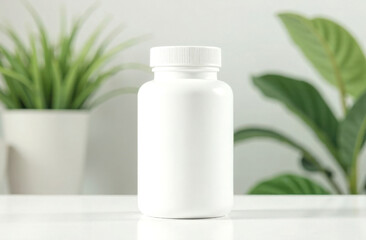 Empty white plastic jar with space for text on a background of plants.