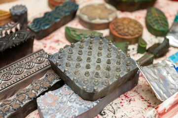 Intricately carved wooden printing blocks for textile and craft designs