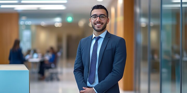 Portrait of a male banker standing proudly in a modern financial institution, reviewing loan applications