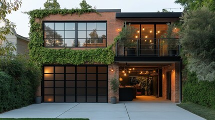 Modern Brick Home with Lush Greenery: This contemporary home showcases a stunning blend of modern design and natural elements. The exterior boasts exposed brick walls, large windows.