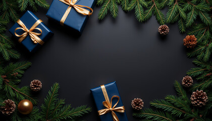 Top view of Christmas blue gift boxes, fir tree branches, and pine cones on a dark background with copy space