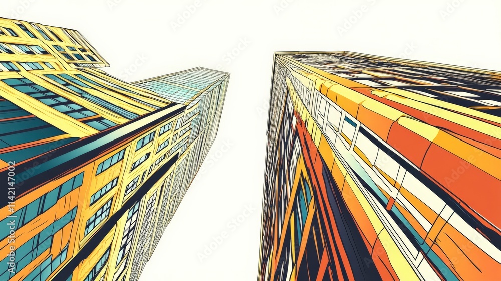 Poster abstract perspective of tall skyscrapers with bright colors and geometric patterns captured from a u