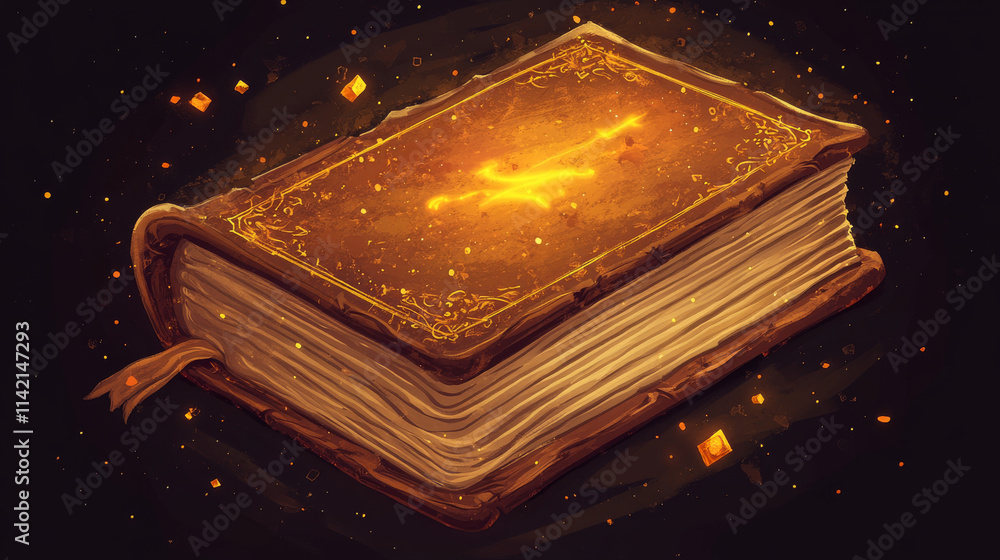 Poster old fantasy magic book game icon ui cartoon vector. antique wizard paper story with spell for witchc