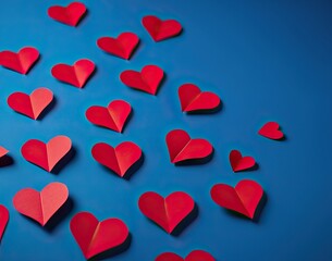 Scattered red paper hearts on a blue background with copy space for text