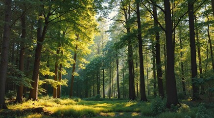 Obraz premium Enchanting Forest Interior with Sunlight Filtering Through Green Canopy