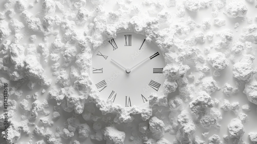 Poster abstract representation of time with a white clock surrounded by textured organic shapes highlightin
