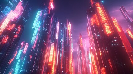 Obraz premium Neon cityscape at night, futuristic skyscrapers glowing with vibrant colors.