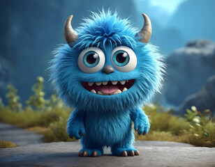 Naklejka premium 3d cute furry blue monster cartoon character beautiful eyes smiling face looking in cheerful mood