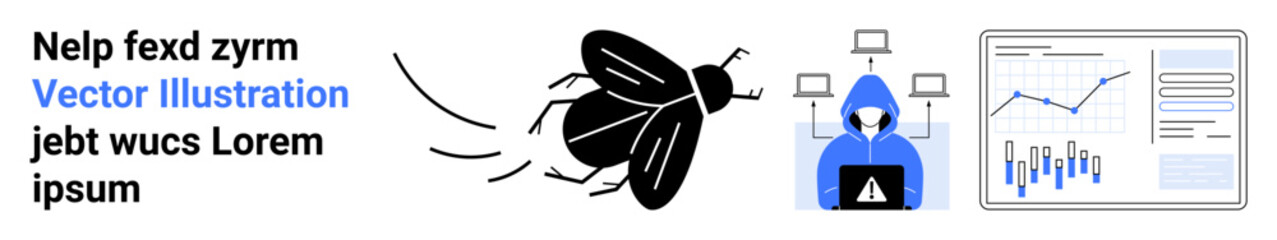 Flying insect, person in hoodie with laptop displaying a warning, various graphs on screens. Ideal for depicting cybersecurity threats, hacking, data analysis, internet safety, monitoring, network