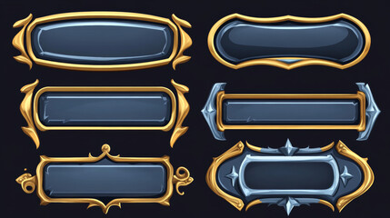 Game ui frames, red medieval menu interface elements, buttons or banners with ornate, rims and glossy plaques. Empty royal gui bars for rpg or arcade, luxury borders, Cartoon 2d vector illustration