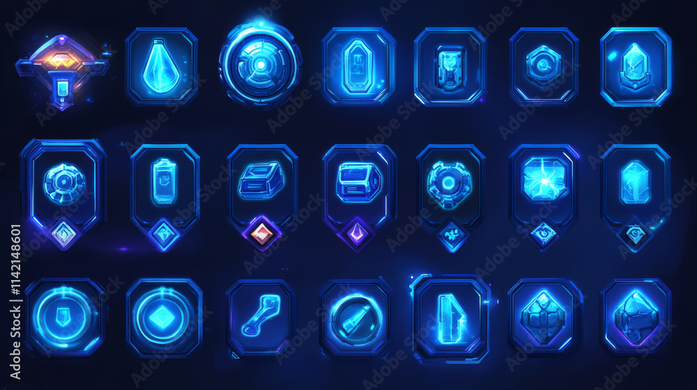 Poster user profile ui game elements with avatar, bars and icons in round and square blue frames. vector ca