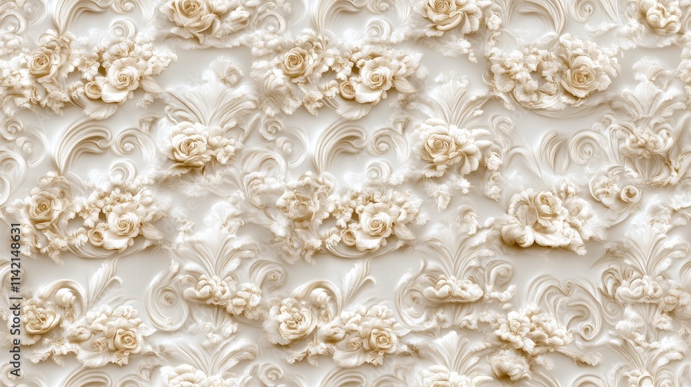 Poster seamless pattern features intricate damask motifs in pale cream color, radiating sophistication and 