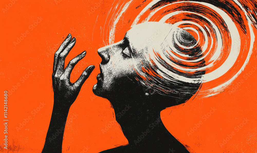 Poster Surreal Portrait with Spiraling Thoughts Captures the Essence of Imagination and Dynamic Emotional Expression in a Bold Contrast