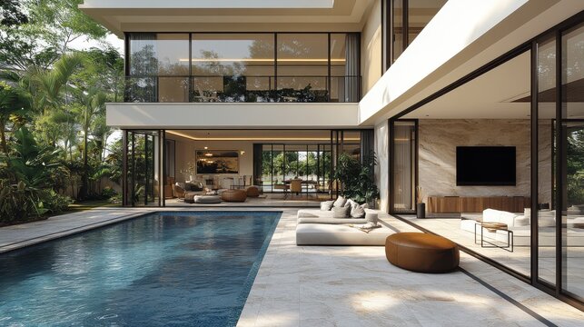 modern beach house or opulent pool villa with a large living room and sofa next to a tv on a travertine floor 3d model of the interior of a white house facing the se