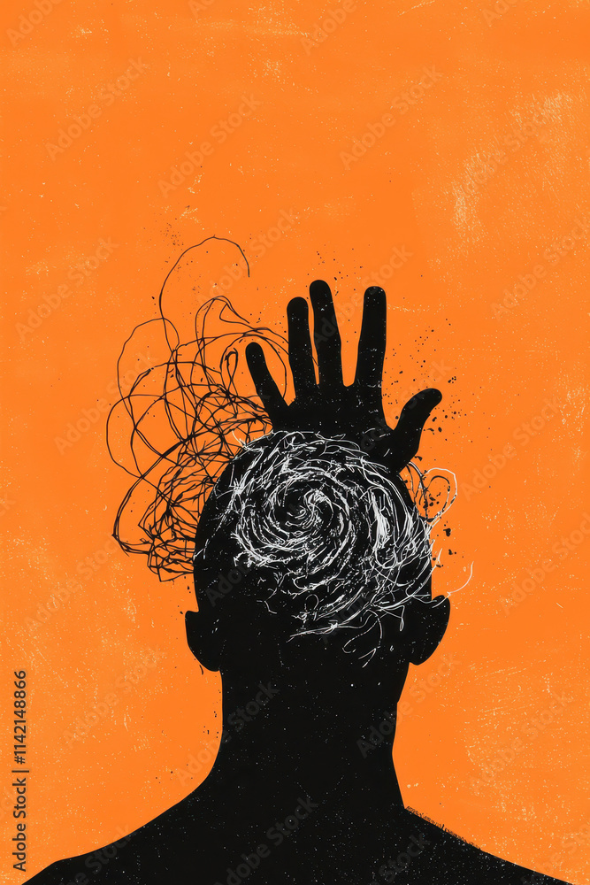 Poster abstract representation of mental chaos with silhouette and spiraling thoughts over orange backgroun