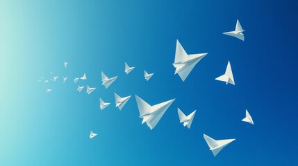 Obraz premium White paper planes flying in a clear blue sky
