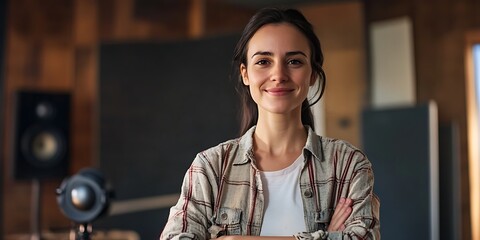 Portrait of a female voice actor standing in a recording studio, ready to perform