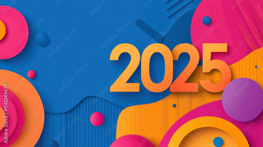 Poster 2025 creative project concept. colorful abstract design with 2025 text and vibrant shapes and patter