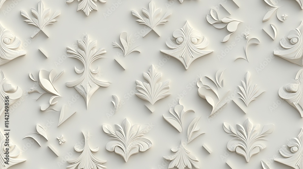 Poster seamless pattern features intricate damask motifs in pale cream color, radiating sophistication and 