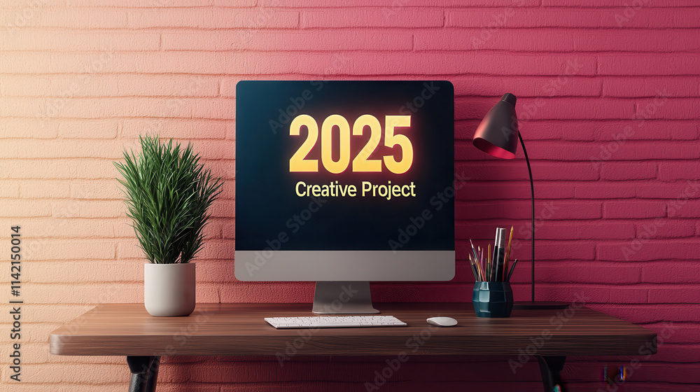 Poster 2025 Creative Project concept. modern workspace featuring computer displaying 2025 creative project