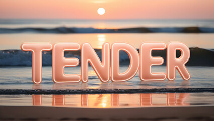 Fototapeta premium The word 'tender' in pink text overlaid on a blurred image of a beach sunset.